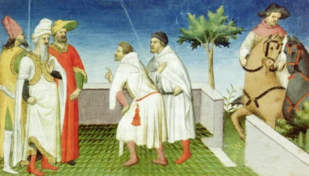 Nicolo, Marco and Matteo Polo Taking Leave of the Great Khan, Livre des Merveilles du Monde, c.1410-12